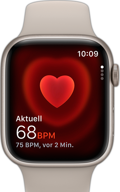 Vorderansicht der Apple Watch mit einer Herzfrequenz auf dem Display.