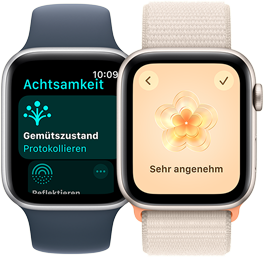 Zwei Apple Watch SE Modelle. Eines zeigt „Gemütszustand“ auf dem Achtsamkeit App Display. Das andere zeigt den Gemütszustand „Sehr angenehm“.