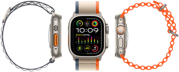 Apple Watch Ultra 2 mit drei verschiedenen Armbandarten, großem Display, robustem Titangehäuse, Action Button in Orange und Digital Crown