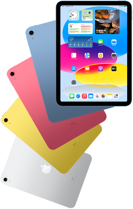 Vorderansicht des iPad zeigt den Homescreen. Dahinter Rückansichten von iPads in Blau, Pink, Gelb und Silber.