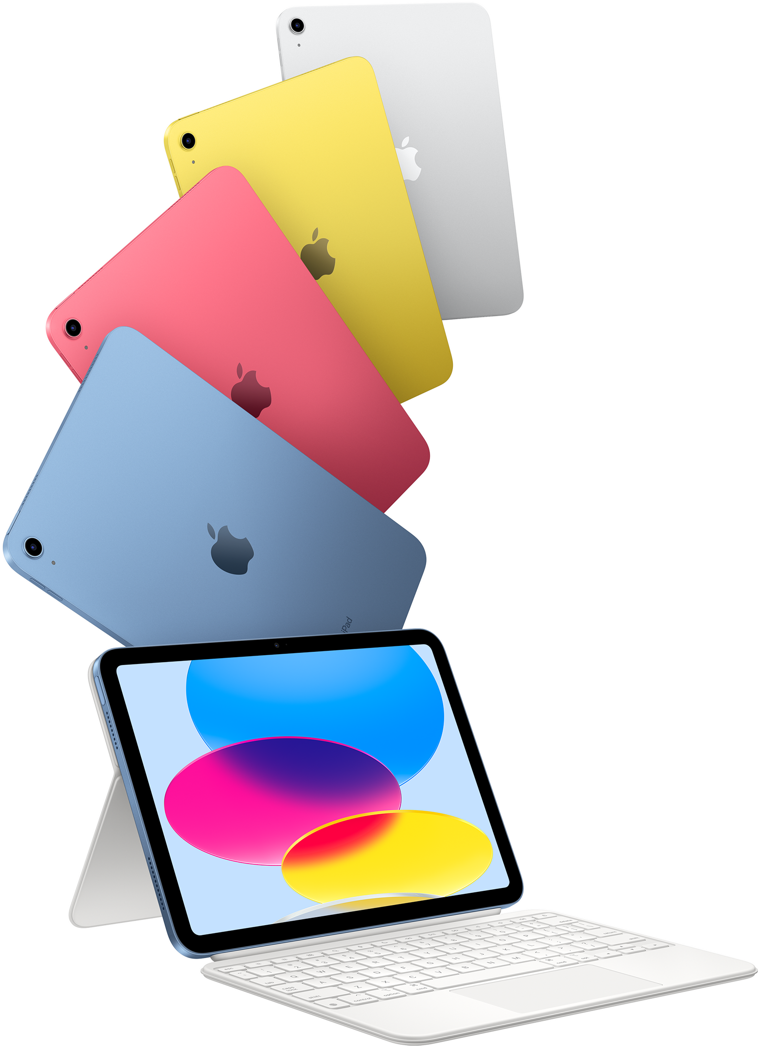 iPad in Blau, Pink, Gelb und Silber und ein iPad verbunden mit dem Magic Keyboard Folio.
