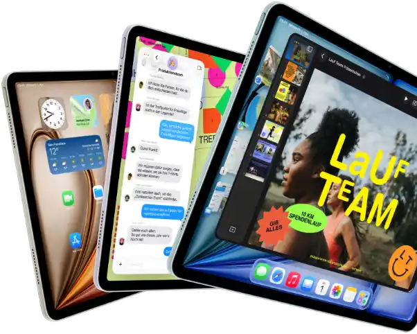 Drei iPad Air Displays in fächerähnlicher Anordnung, Farben: Blau, Violett, Polarstern, Vorderseite, Seitenansicht, die auf den Displays angezeigten Apps umfassen die Keynote App, Nachrichten und den Homescreen