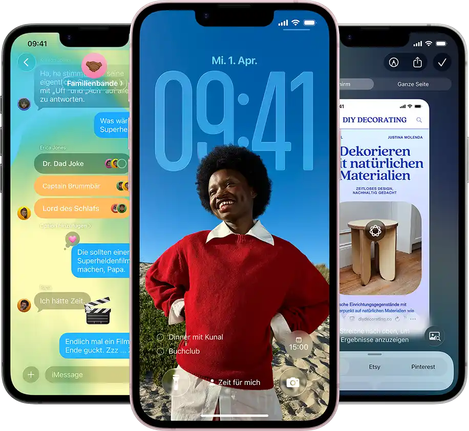 Tre iPhone 17e-enheter med appen Meddelanden i Liquid Glass-design, dynamisk l&aring;ssk&auml;rm och Visuell intelligens ig&aring;ng