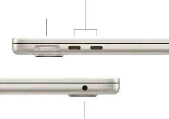 MacBook Air, zugeklappt, linke Seite mit MagSafe und zwei Thunderbolt Anschlüssen, rechte Seite mit Kopfhöreranschluss