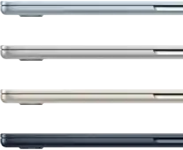 Seitenansicht von vier MacBook Air Laptops in vier verschiedenen Farben