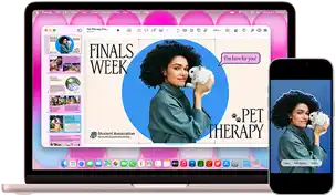 MacBook Neo, Farbe Rosa, neben einem iPhone, das MacBook Neo Display zeigt eine Präsentation mit dem Titel „Finals Week Pet Therapy“ mit dem Foto einer Person, die ein Kaninchen hält, das iPhone Display zeigt das gleiche Foto, das in einen Sticker für die Präsentation verwandelt wurde