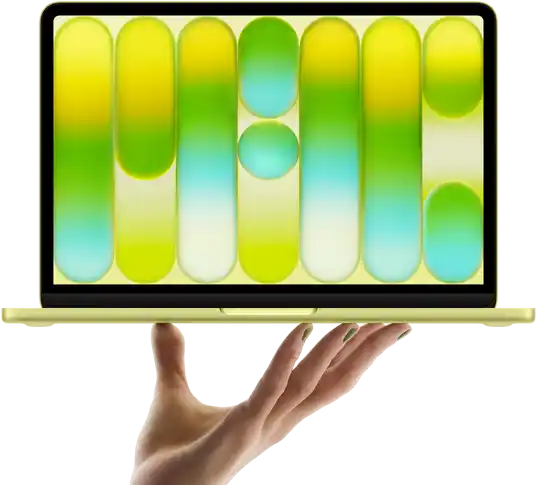 Das MacBook Neo in Farbe Zitrus wird auf den Fingerspitzen einer geöffneten Hand balanciert, das Display zeigt ein farbiges, abstraktes Muster