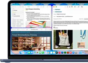 MacBook Neo, Farbe Indigo, das Display zeigt eine Begrüßungsmail für neue Mitarbeitende in einer Buchhandlung, andere Fenster enthalten Notizen mit Informationen zum Onboarding und zum Mitarbeiterportal der Buchhandlung in Safari