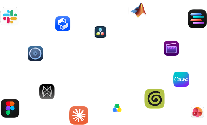 Verschiedene App Symbole sind angeordnet um den Text: Mit macOS fliegen deine Apps
