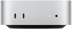Mac mini, Vorderseite, zwei Thunderbolt Anschlüsse, Statusanzeige und Kopfhöreranschluss, schmal zulaufende Basis unten, flache Oberseite, gerundete Ecken, gerade Kanten, Farbe Silber