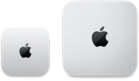 Zwei Mac mini Geräte, Oberseite, Aluminium in Silber, gerundete Ecken, glänzendes schwarzes Apple Logo in der Mitte, das Gerät auf der linken Seite ist die neuere Version und nicht mal halb so groß wie das Gerät auf der rechten Seite