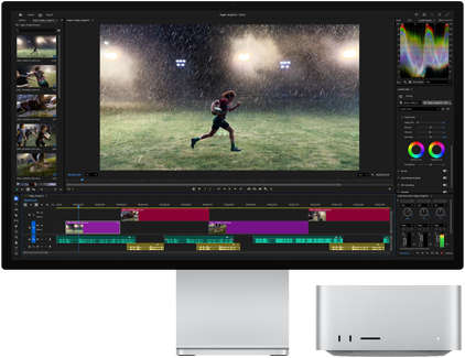 Studio Display XDR mit integriertem Standfuß, der Mac Studio passt perfekt unter das Display, Workflow mit Tools für Videoschnitt und Farbkorrektur auf dem Display
