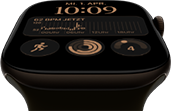 Apple Watch Series 12, Aluminiumgehäuse, Farbe Dunkelbronze, Modular Zifferblatt, Komplikationen: Tag und Datum, Trainings, Aktivitätsringe, Apple Music, rechte Seitenansicht, Digital Crown, Sportarmband, Farbe Oliv