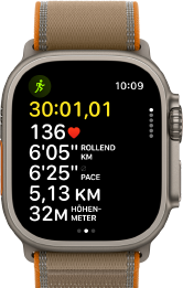Apple Watch Ultra 4, Titangehäuse, Farbe Natur, fortschrittliche Trainingsdaten für Outdoor-Laufen, rechte Seitenansicht, Digital Crown, erhöhte Seitentaste, Trail Loop Armband, Farbe Sand